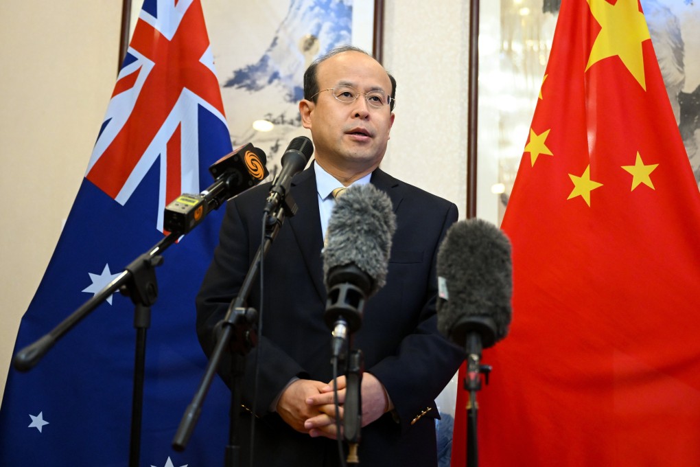 Chinese ambassador to Australia Xiao Qian speaks to the media at the Embassy of China in Canberra. Photo: EPA-EFE