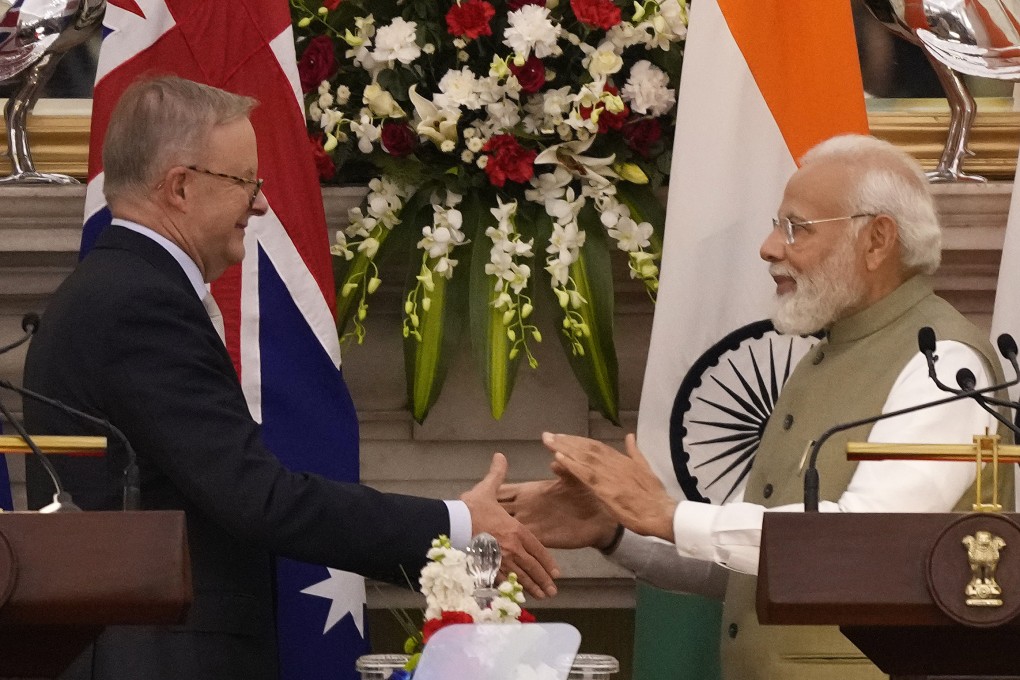 Indian Prime Minister Narendra Modi (right) shakes hand with his Australian counterpart Anthony Albanese during their meeting in New Delhi on March 10. Photo: AP