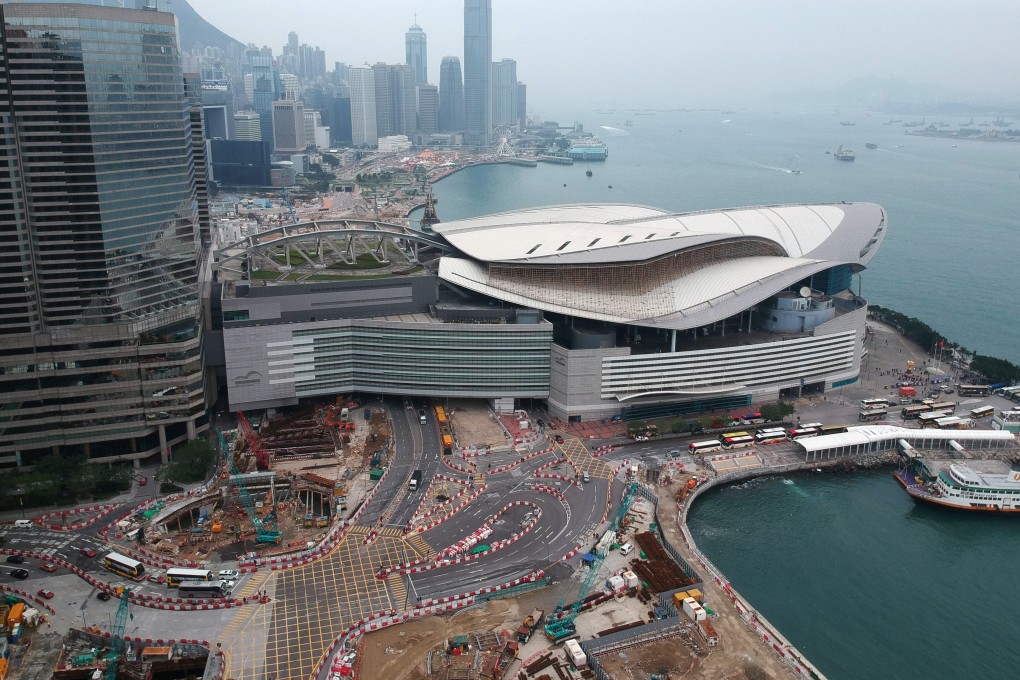 An aerial view of the Sha Tin-Central link construction site in 2018. Part of the Central waterfront is going to be closed off for the construction of an overrun tunnel for the Airport Express, tentatively from 2025 to 2032. Photo: Roy Issa