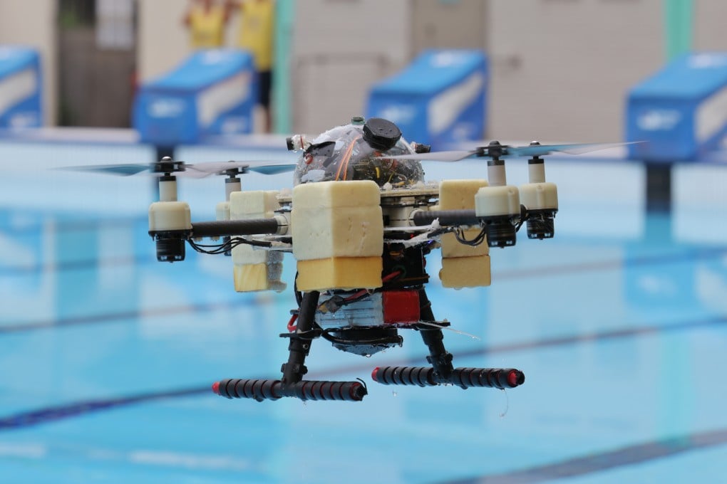 The TJ-FlyingFish, an unprecedented amphibious drone capable of exploring underwater environments, is tested at University Swimming Pool in Chinese University of Hong Kong, Sha Tin, on May 12. Photo: Jelly Tse