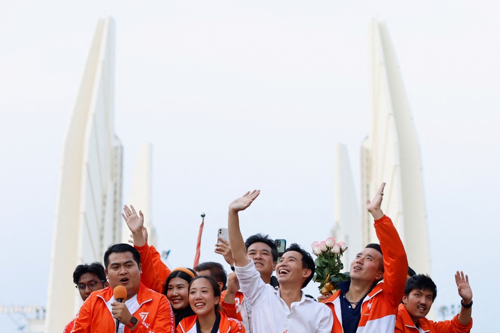 Move Forward Party leader and prime ministerial candidate, Pita Limjaroenrat, celebrates the party’s election results in Bangkok, Thailand, on May 15. Photo: Reuters