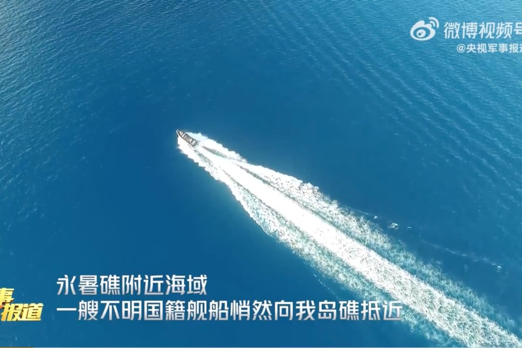 CCTV aired a re-enactment of PLA speedboats responding to an approaching ship near Fiery Cross Reef. Photo: Weibo