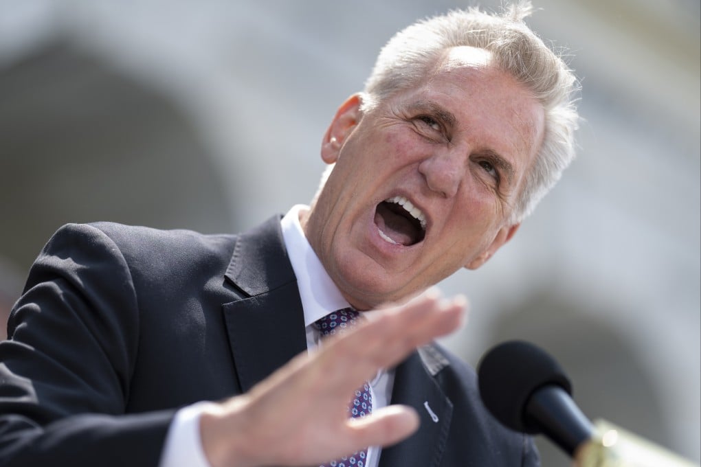 US Speaker of the House Kevin McCarthy criticises President Joe Biden’s policies and efforts on the debt limit negotiations during a news conference at the Capitol on Wednesday. Photo: AP