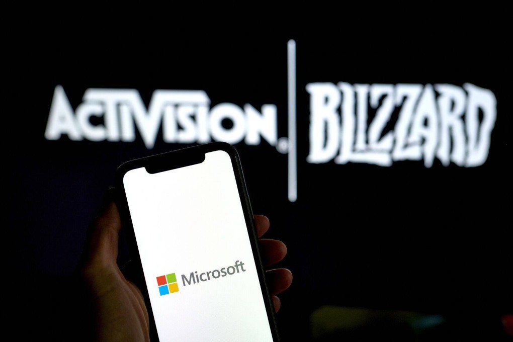 The Activision Blizzard and Microsoft logos arranged in New York City on May 16, 2023. Photo: Bloomberg