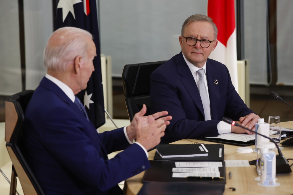 US President Joe Biden, left, and Australia’s Prime Minister Anthony Albanese at a Quad meeting on the sidelines of the G7 summit, in Hiroshima, Japan. Photo: AP