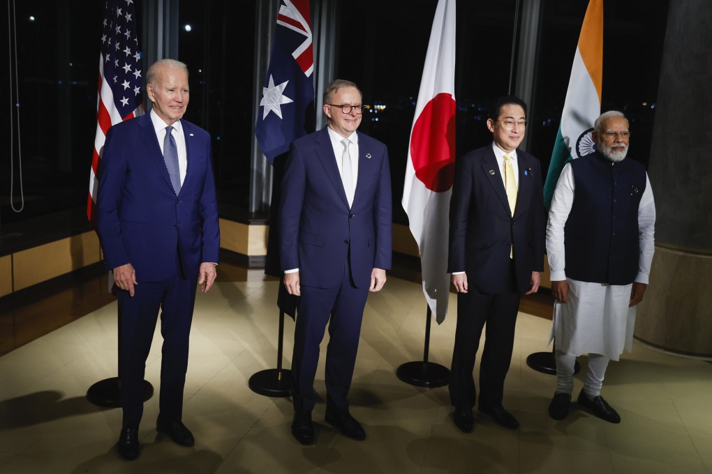 From left, US President Joe Biden, Australia’s Prime Minister Anthony Albanese, Japan’s Prime Minister Fumio Kishida  and India’s Prime Minister Narendra Modi hold a Quad meeting on the sidelines of the G7 summit, at the Grand Prince Hotel in Hiroshima, Japan on Saturday. Photo: Pool Photo via AP