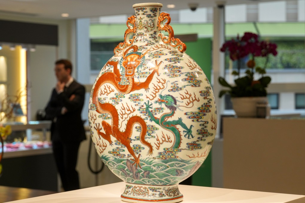 The Doucai “Dragon” Moonflask, on display during a media preview of Christie’s Spring Auctions in Central on April 3, 2023. Photo: Sam Tsang