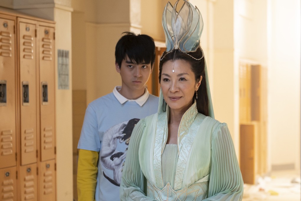 Michelle Yeoh as Guanyin (front) and Ben Wang as student Jin Wang in a still from Disney+’s “American Born Chinese”. Photo: Disney+