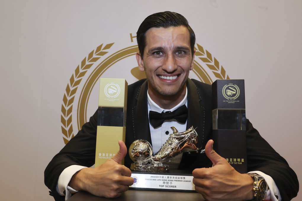 Winner Kitchee’s Ruslan Mingazov poses with his prizes at the 2023 Hong Kong Top Footballer Awards in Kowloon Bay. Photo: Edmond So
