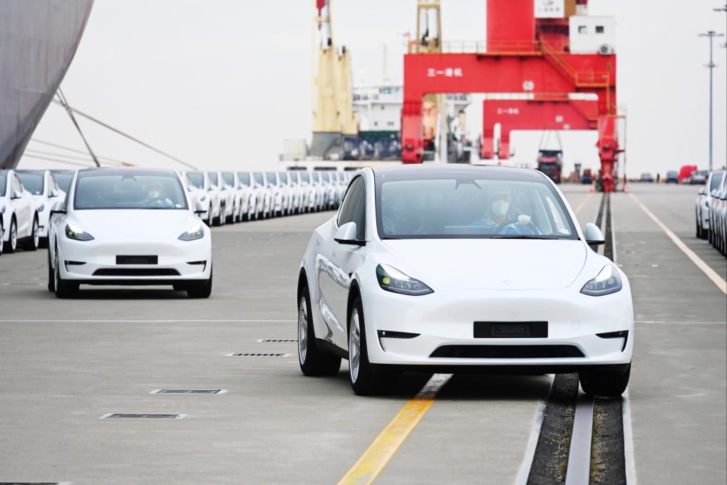 A total of 4,027 of Tesla’s Model Y and Model 3 electric vehicles await loading at the Nangang port in Shanghai for shipment to the Port of Zeebrugge in Belgium on May 15, 2022. Photo: VCG via Getty Images.
