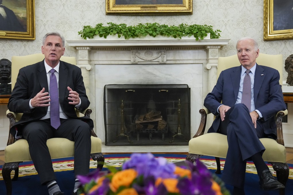 US House Speaker Kevin McCarthy speaks as he meets President Joe Biden in the Oval Office to discuss the debt limit on Monday. Photo: AP