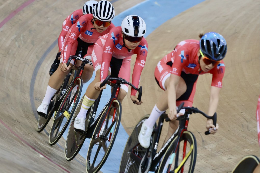 Lee Sze-wing (centre) in training for the Hong Kong International Track Cup at Tseung Kwan O velodrome. Photo: Handout