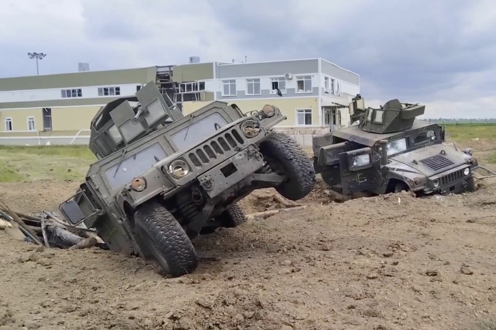 Destroyed armoured vehicles that look like US-made Humvees in the Grayvoronsky district of Belgorod region, Russia. Photo: Russian Defence Ministry via EPA-EFE