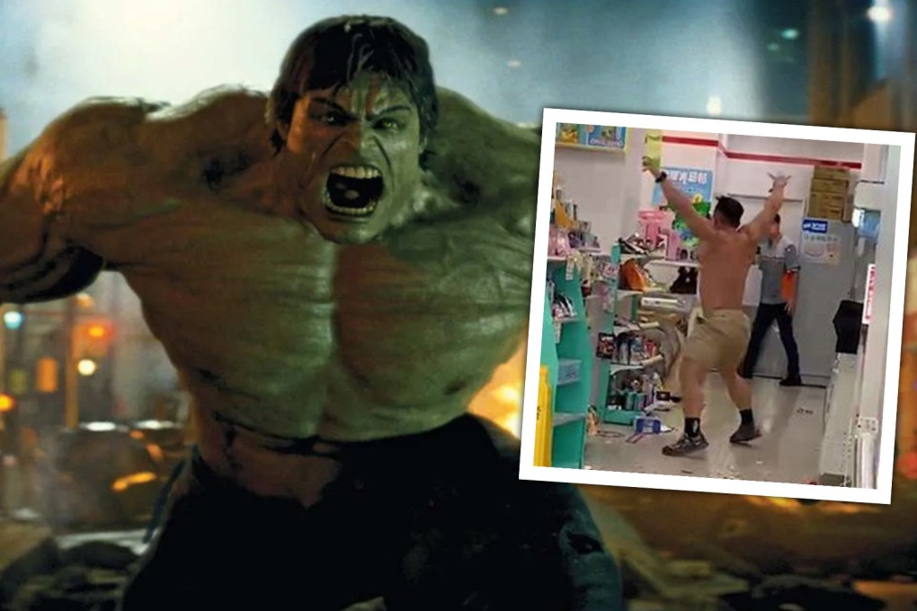 Social media has been gripped by a video of a shirtless  bodybuilder who lost control inside a convenience store in Taiwan and had to be subdued by police using truncheons. Photo: SCMP composite/handout