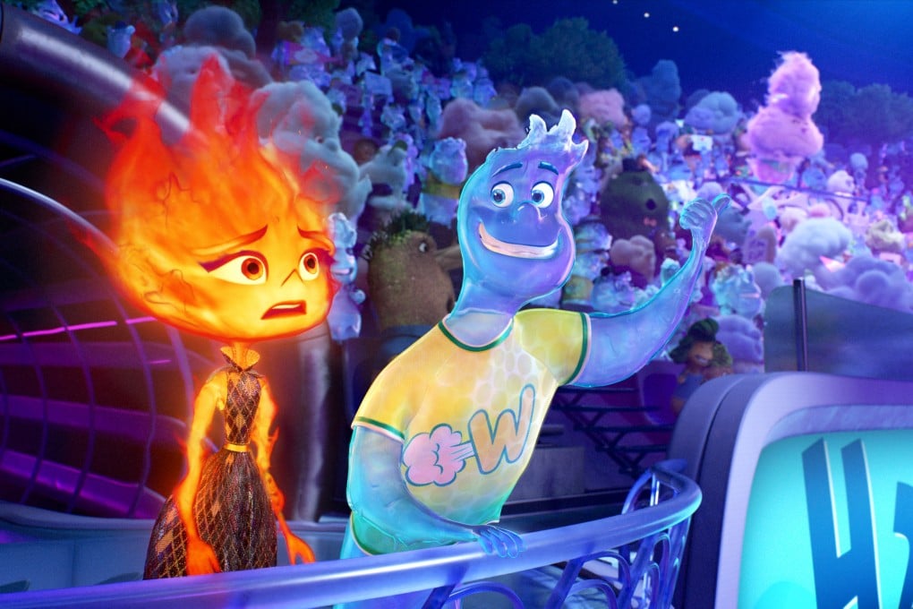 Ember (left, voiced by Leah Lewis) and Wade (Mamoudou Athie) in a still from “Elemental”, directed by Peter Sohn. Photo: Disney/Pixar