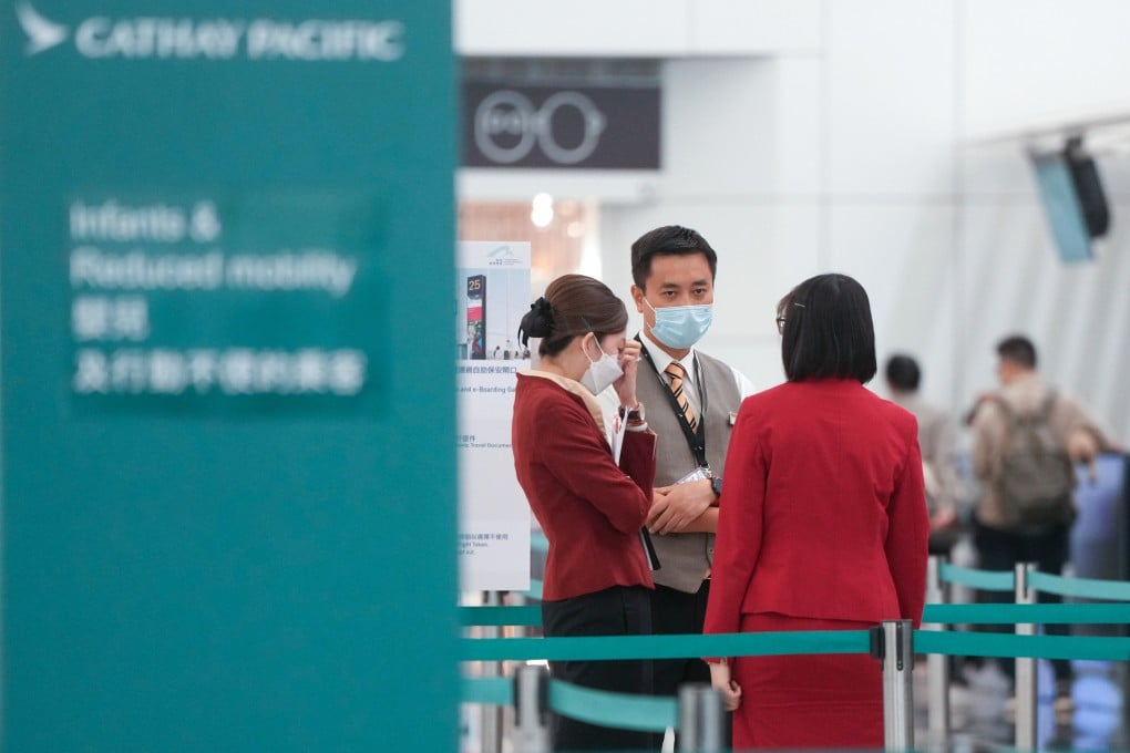 Cathay Pacific Airways staff are seen at Hong Kong International Airport on May 23. The Cathay Flight Attendants’ Union has been criticised for attributing the recent bad behaviour to low morale. Photo: Sam Tsang