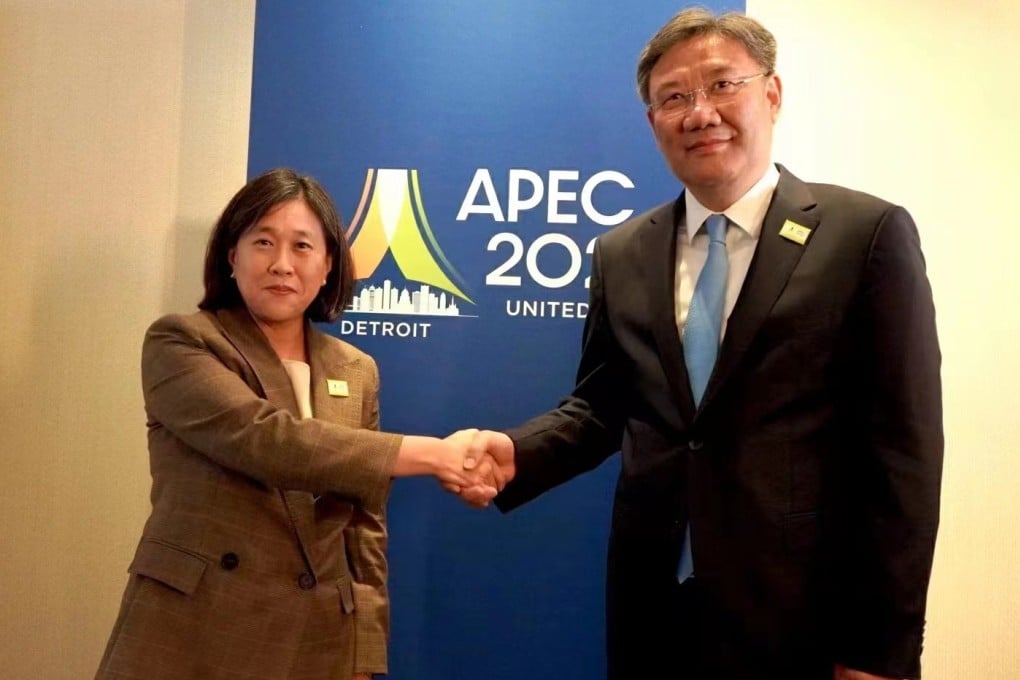 US Trade Representative Katherine Tai and Chinese Commerce Minister Wang Wentao in Detroit, Michigan, on Friday. Photo: Chinese Commerce Ministry