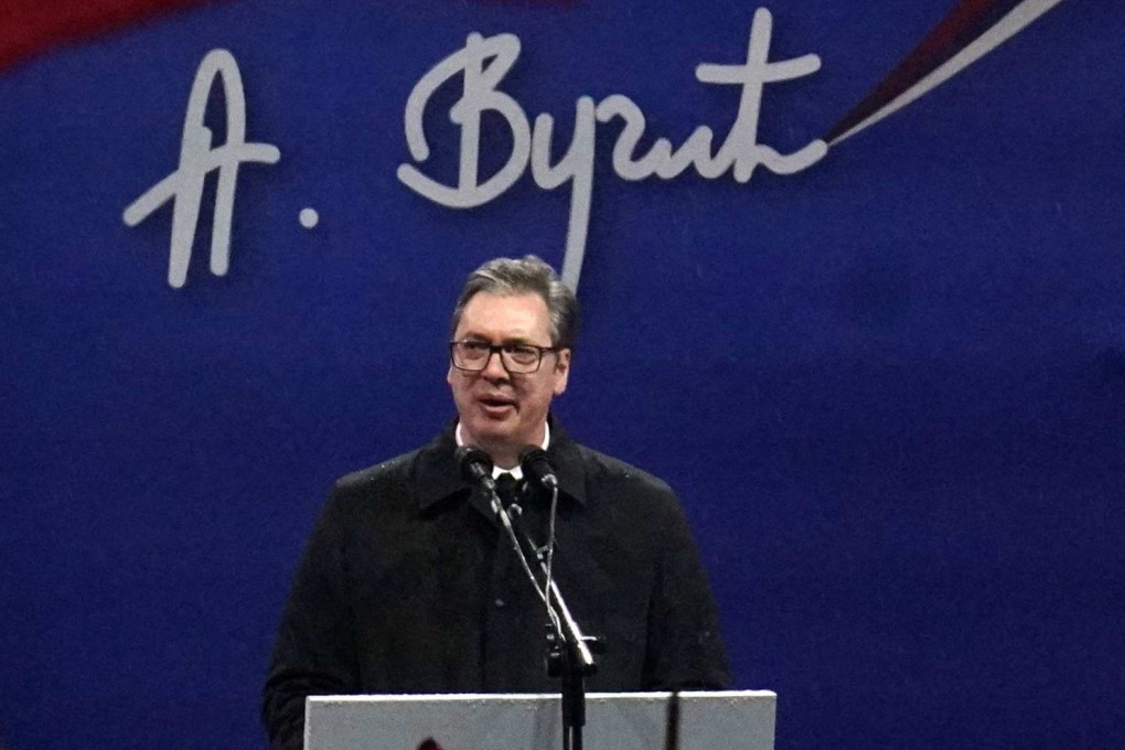 Serbia’s President Aleksandar Vucic during a pro-government rally in Belgrade, Serbia on Friday. Photo: AFP