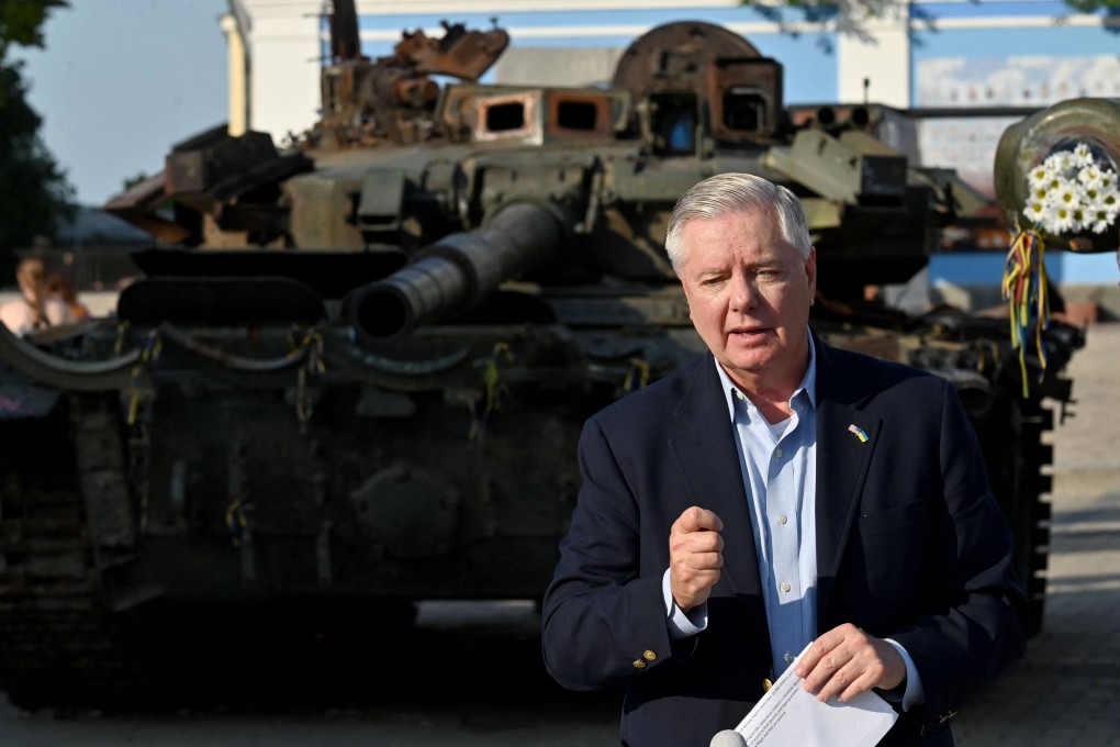 US Senator Lindsey Graham speaks during a press conference at an open air exhibition of destroyed Russian military vehicles in Kyiv. Photo: AFP