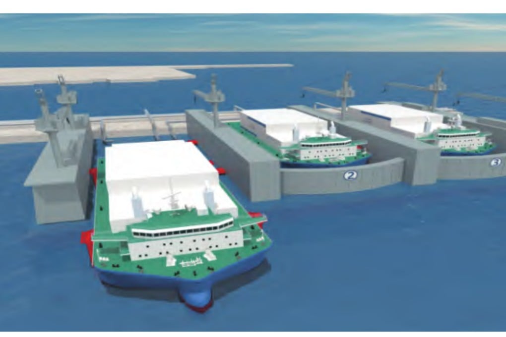 Computerised images show a proposed dock-based floating nuclear power plant. Photo: National Energy Offshore Nuclear Power Platform Technology Research Centre