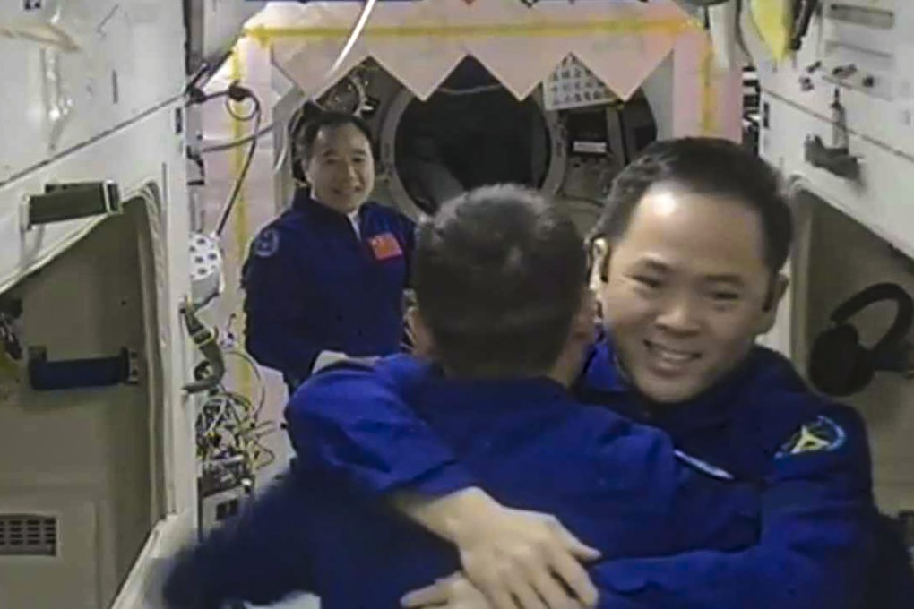 The Shenzhou 16 crew is welcomed aboard the Tiangong space station on Tuesday. Photo: CCTV