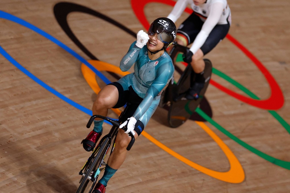 Hong Kong’s Sarah Lee Wai-sze celebrates after winning bronze in the women’s track cycling sprint finals ahead of Germany’s Emma Hinze during the Tokyo 2020 Olympic Games. Photo: AFP