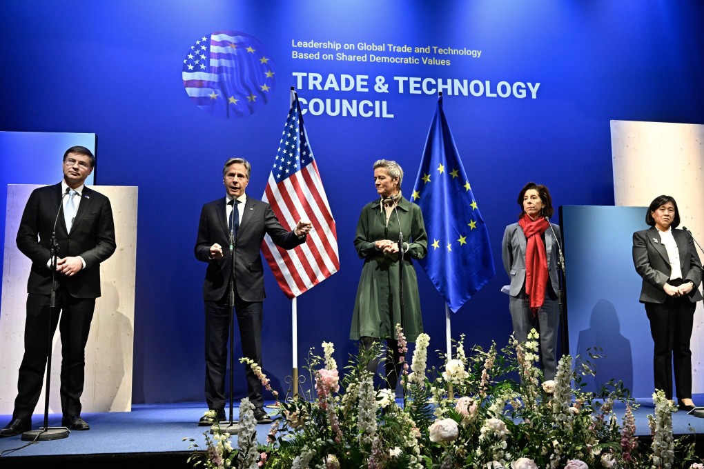 From left, EU Trade Commissioner Valdis Dombrovskis; US Secretary of State Antony Blinken; EU Commissioner for Competitiveness Margrethe Vestager; US Secretary of Commerce Gina Raimondo and US Trade Representative Katherine Tai, at the news conference following the fourth meeting of the EU-US Trade and Technology Council in Lulea, Sweden, on Wednesday. Photo: EPA-EFE