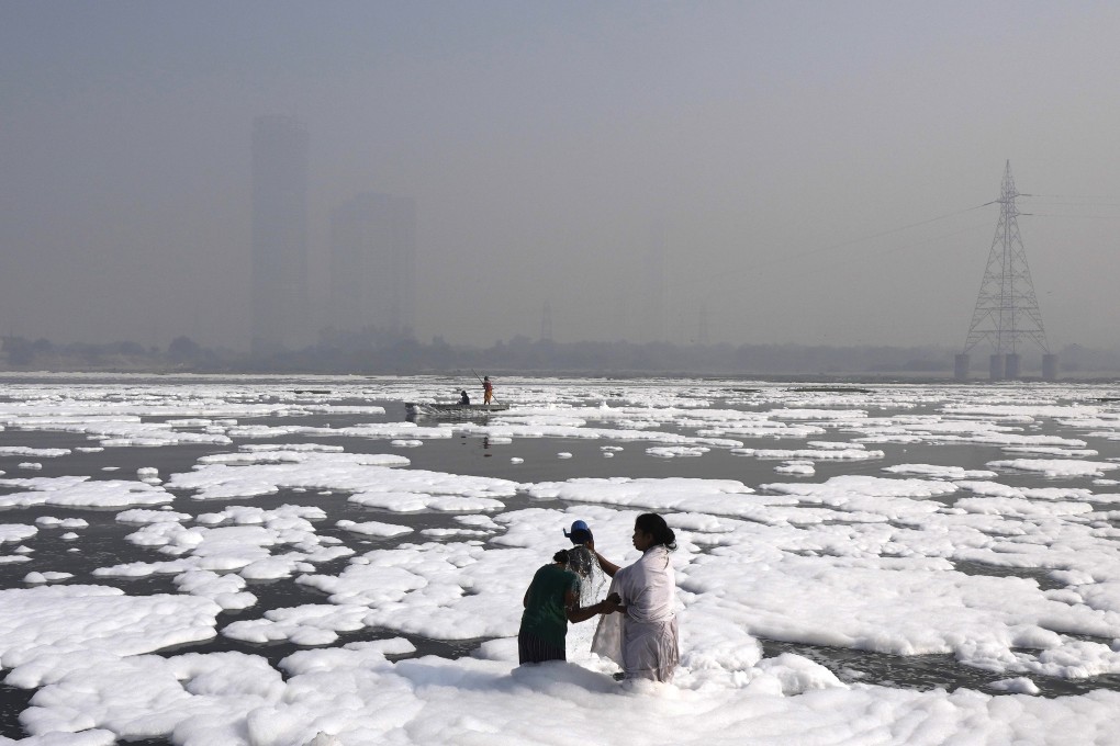 The Yamuna River, covered by a chemical foam, in New Delhi, India. About two-thirds of Earth don’t meet the criteria for freshwater safety. File photo: AP