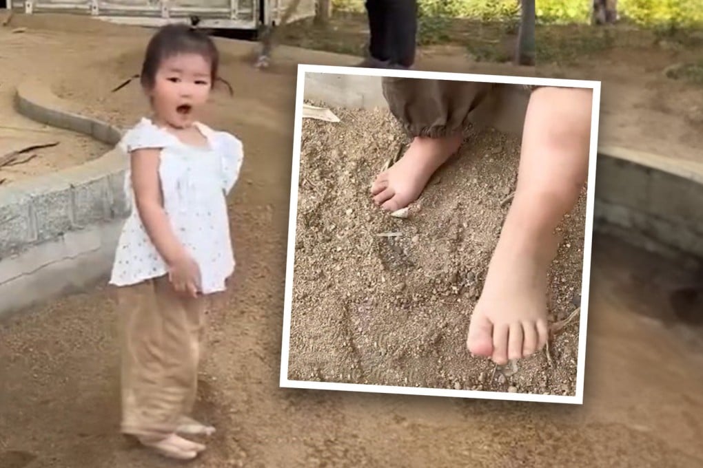 Hemiao, 2, enjoys playing in the sand pit at their residential compound, but the original rough sand mixed with rocks was challenging for her. Photo: SCMP composite/Douyin