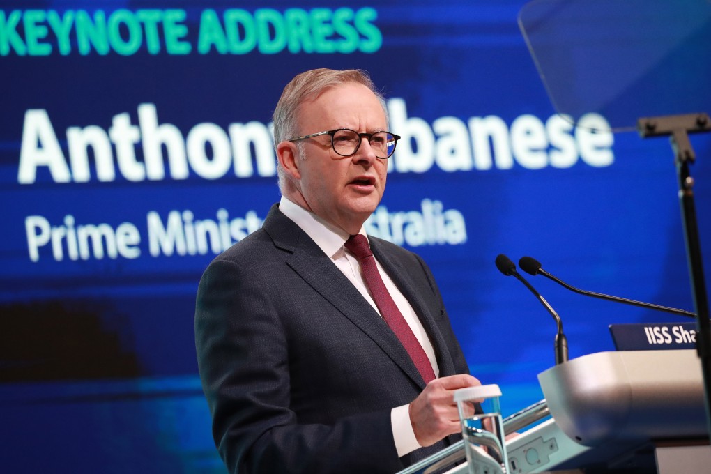 Australian PM Anthony Albanese delivers his keynote speech at the Shangri-La Dialogue. Photo: EPA-EFE