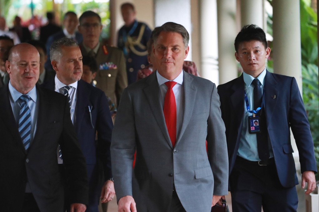 Australian defence minister Richard Marles (centre) at the Shangri-La Dialogue security summit in Singapore on Saturday. Photo: EPA-EFE