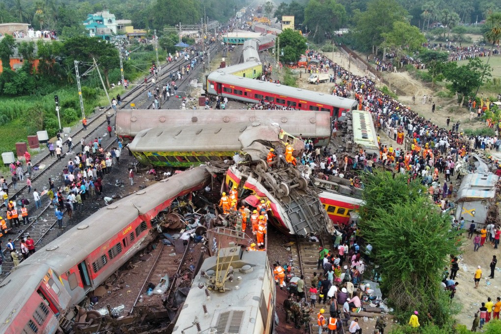 A drone view shows derailed coaches after trains collided in Balasore district in the eastern state of Odisha, India. Photo: Reuters