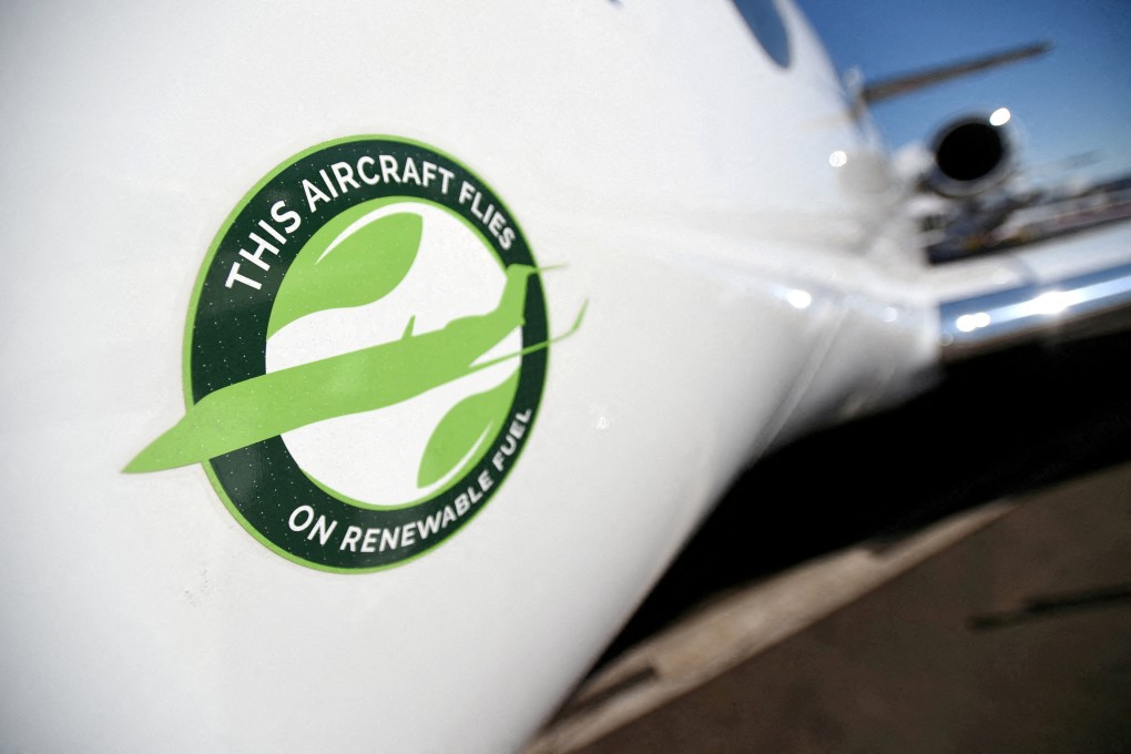 A decal stating “This Aircraft Flies On Renewable Fuel” is seen on an American business jet in October 2019. Photo: Reuters