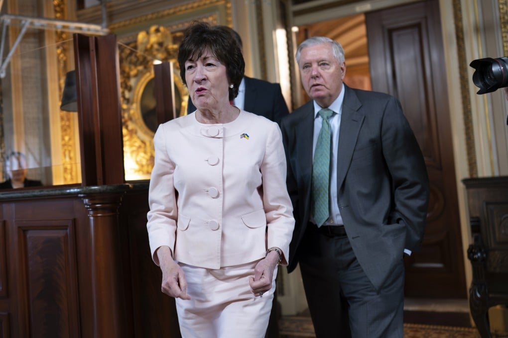 Senator Susan Collins (left) and Senator Lindsey Graham leave a closed-door meeting with fellow Republicans as the Senate dashes to wrap up work on the debt ceiling and budget cuts package at the Capitol in Washington on June 1. Photo: AP