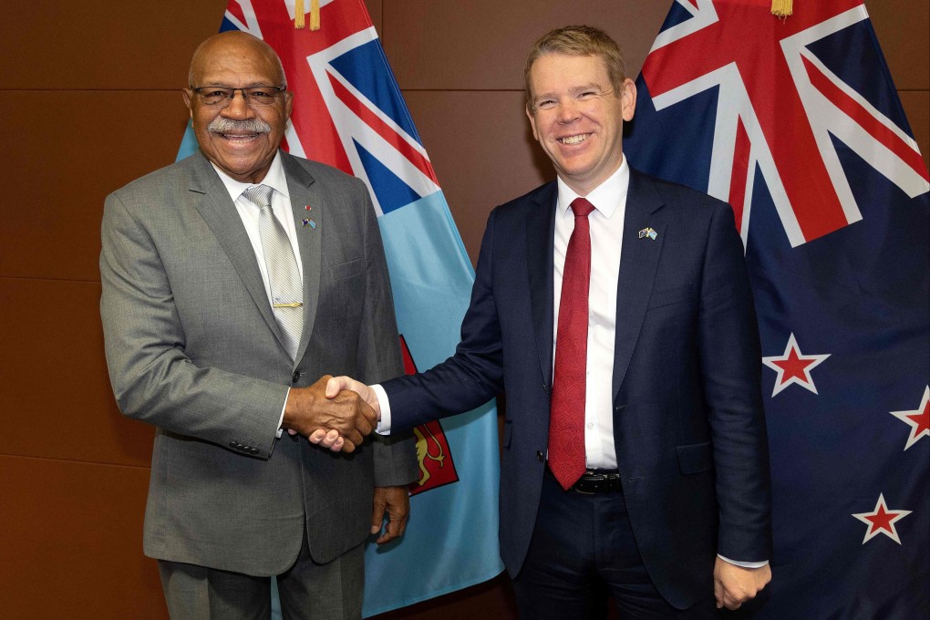 Fiji’s Prime Minister Sitiveni Rabuka (left) shakes hands with his New Zealand counterpart Chris Hipkins before a bilateral meeting in Wellington on Wednesday. Photo: AFP