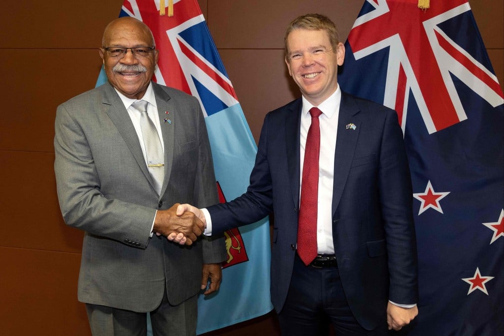 Fiji’s Prime Minister Sitiveni Rabuka (left) shakes hands with his New Zealand counterpart Chris Hipkins before a bilateral meeting in Wellington on Wednesday. Photo: AFP