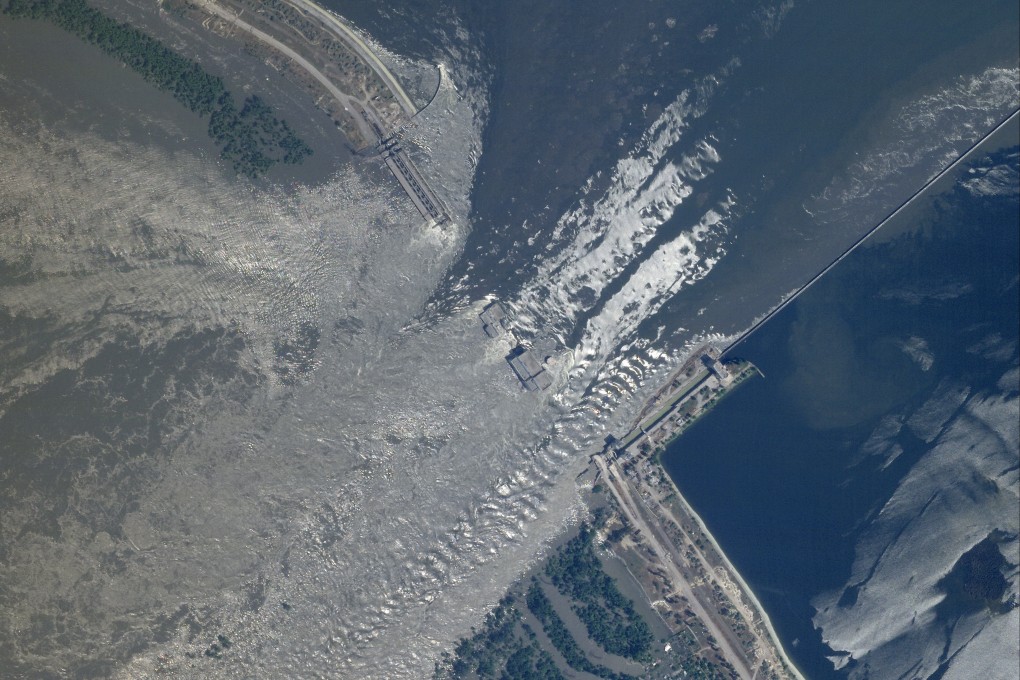 This satellite image shows an overview of the damage on the Nova Kakhovka dam in southern Ukraine on June 6, 2023. Photo: Planet Labs PBC via AP