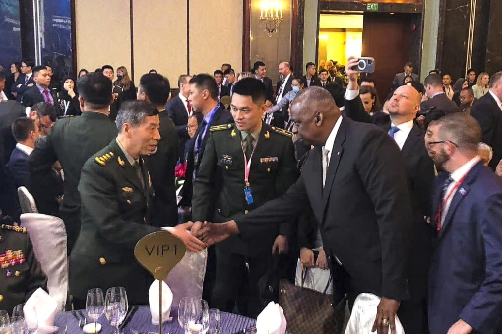China’s defence chief, General Li Shangfu, shakes hands with US Secretary of Defence Lloyd Austin at the opening dinner of the Shangri-La Dialogue, an annual defence and security forum, in Singapore, on June 2. The two did not schedule a meeting. Photo: Weibo