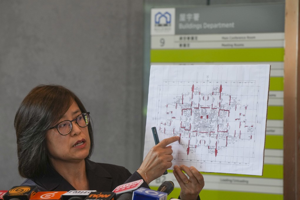 Director of Buildings Clarice Yu Po-mei meets the media at the Buildings Department headquarters in Yau Ma Tei to discuss investigations into the partial removal of a structural wall in a flat at The Capitol, Lohas Park, in Tseung Kwan O, on May 30. Photo: Sam Tsang