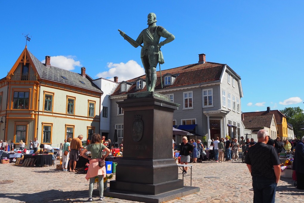 The statue of Danish King Frederick II looks out over the quaint old town in Fredrikstad, Norway. Northern Europe’s best preserved fortress town is one of the hosts of the 2023 Tall Ships Race. Photo: Mark Footer