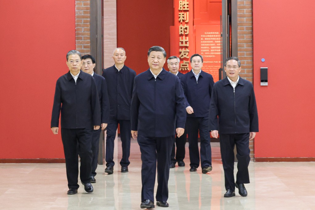 President Xi Jinping and members of the Politburo Standing Committee visit an exhibition at the Yan’an Revolutionary Memorial Hall in Shaanxi, on October 27. Photo: Xinhua