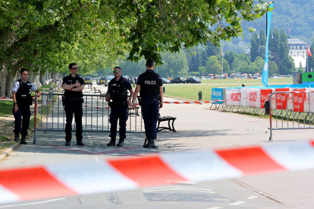 French police secure the area after several children and an adult were injured in a knife attack in Annecy, in the French Alps. Photo: Reuters