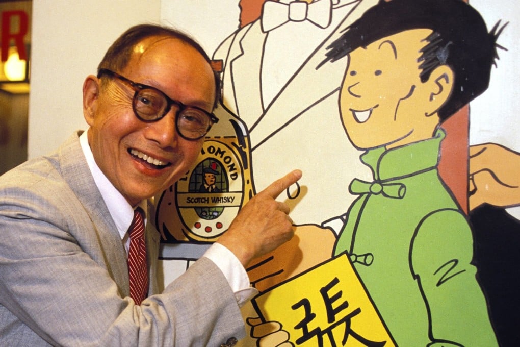 Zhang Chongren points to a poster of Chang Chong-chen, a character in Tintin book The Blue Lotus based on him, in Paris in 1985. The leading Chinese artist and Georges Remi, known as Hergé and author of the books, became firm friends after meeting in the 1930s. Photo: Getty Images