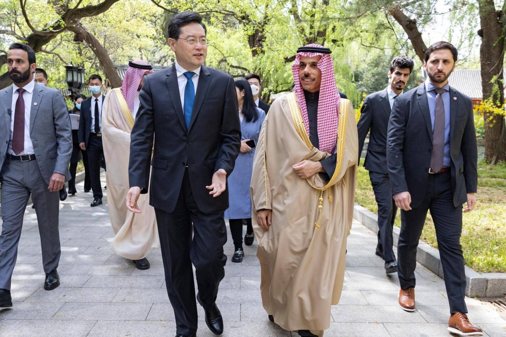 Saudi Foreign Affairs Minister Prince Faisal bin Farhan (centre right) holds talks with Chinese Foreign Minister Qin Gang (centre left) in Beijing in April, after Beijing helped to broker a deal between Riyadh and Tehran. Photo: AFP/SPA