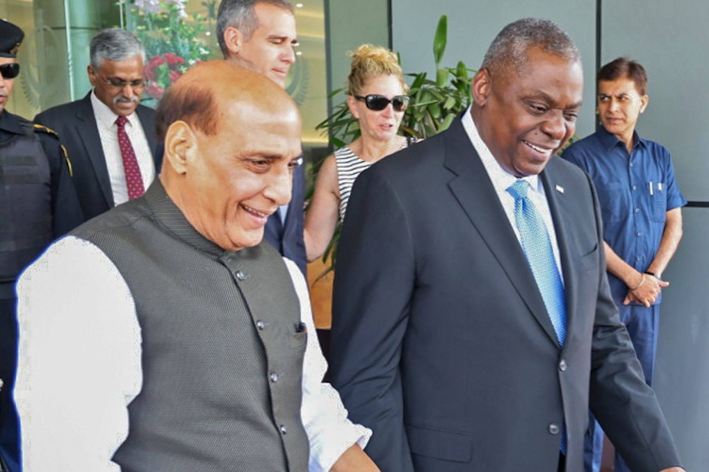 India’s Defence Minister Rajnath Singh (left) and US Secretary of Defence Lloyd Austin after their meeting in Delhi on June 5. Photo: Indian Ministry of Defence via AFP