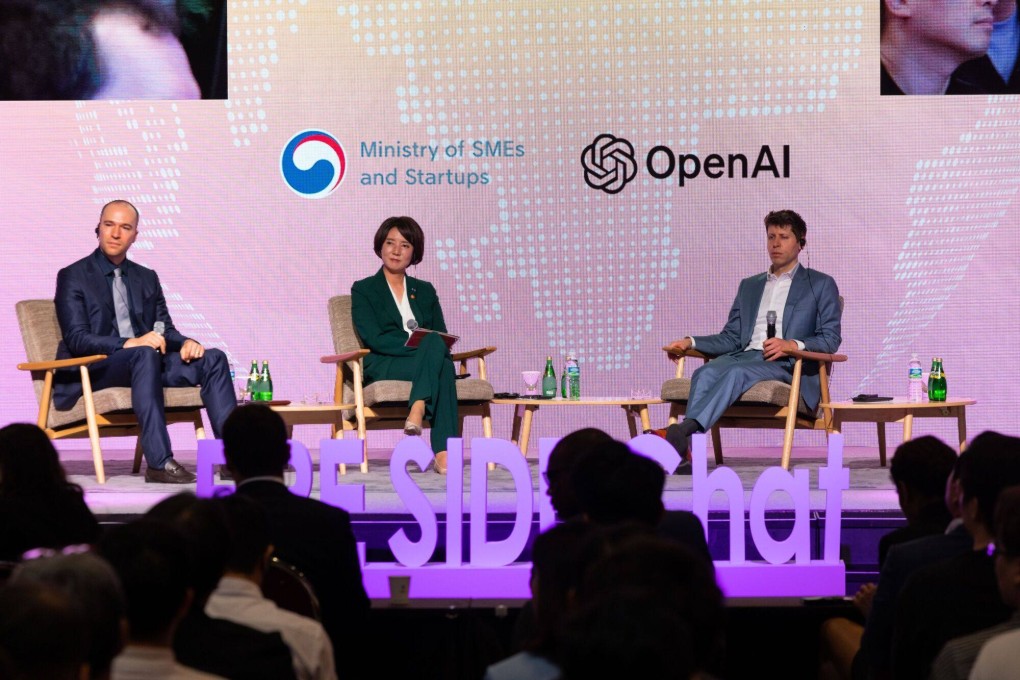 Greg Brockman, president and co-founder of OpenAI, from left, Lee Young, South Korea’s small and medium-sized enterprises and start-ups minister, and Sam Altman, CEO of OpenAI, during an event in Seoul, South Korea, on Friday. Photo: Bloomberg