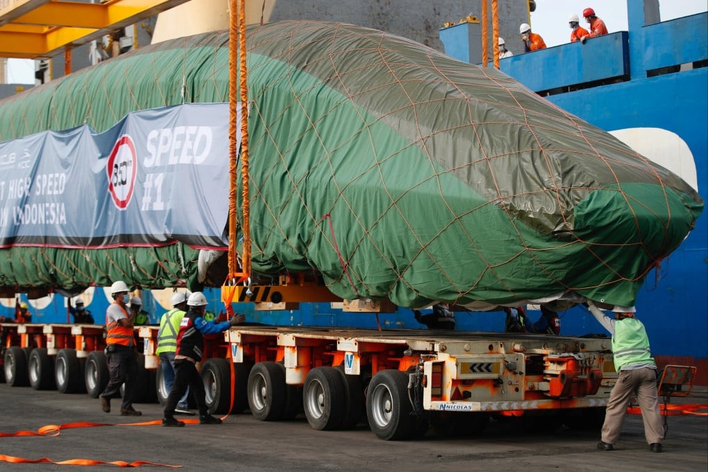 An electric multiple unit high-speed train for a rail link project, part of China’s Belt and Road Initiative, arrives at Tanjung Priok port in Jakarta, Indonesia, on September 2, 2022. Photo: Reuters