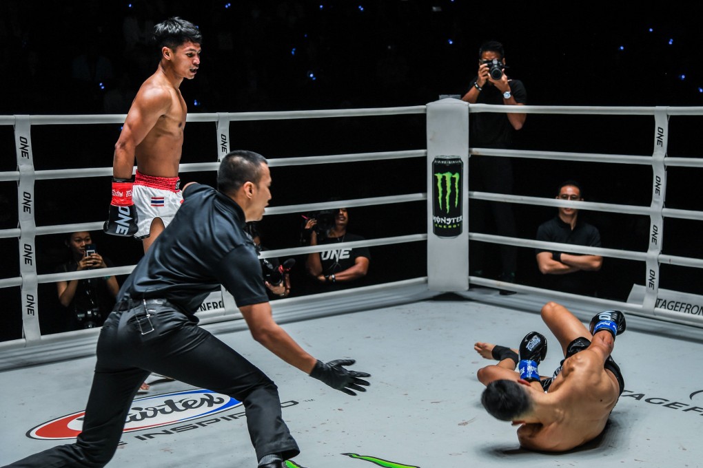 Superbon steps back after knocking Tayfun Ozcan out cold at ONE Fight Night 11 in Bangkok. Photos: ONE Championship