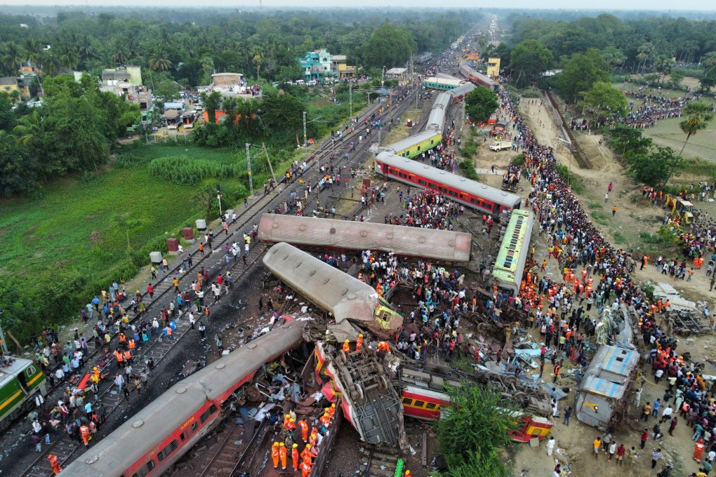 Derailed coaches after trains collided in Balasore district in the eastern state of Odisha, India, on June 3, 2023. Photo: Reuters
