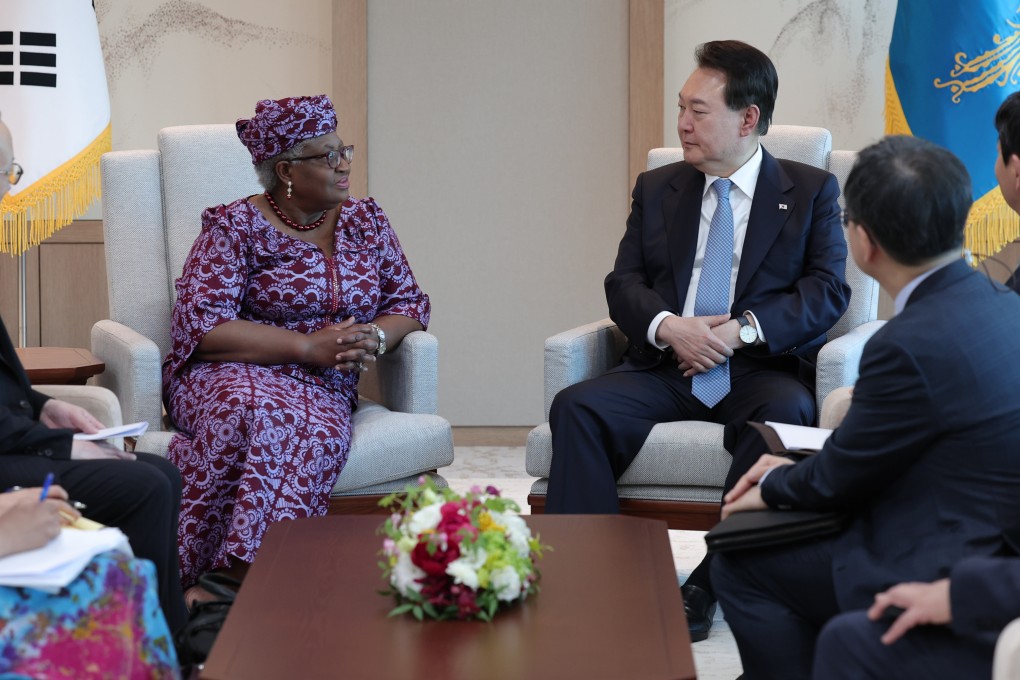 Ngozi Okonjo-Iweala (centre), director general of the World Trade Organization, meets South Korean President Yoon Suk-yeol at the presidential office in Seoul on May 23. Photo: DPA